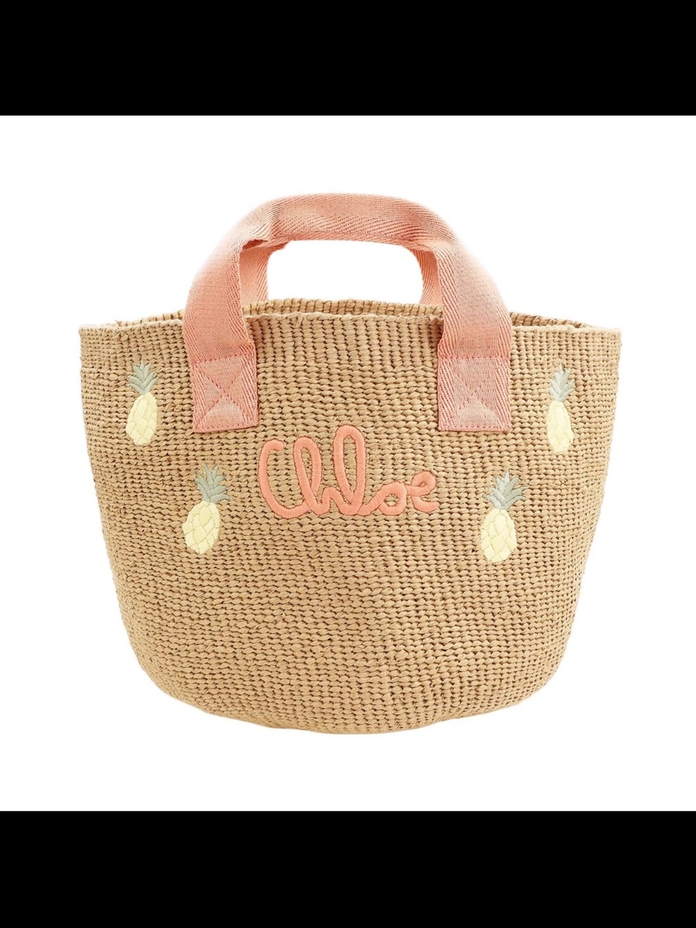 Chloe Woven Straw Tote with Pink Handles and Pineapple Motif